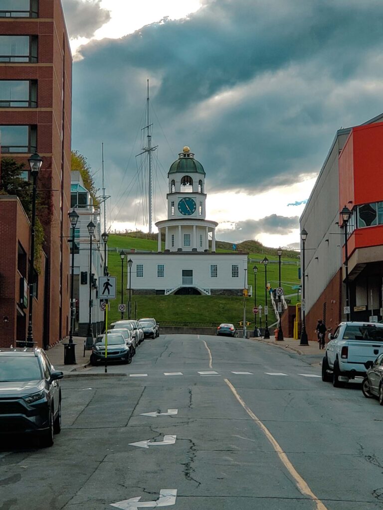 View of the clock at the bottom of Citadel Hill in Halifax.