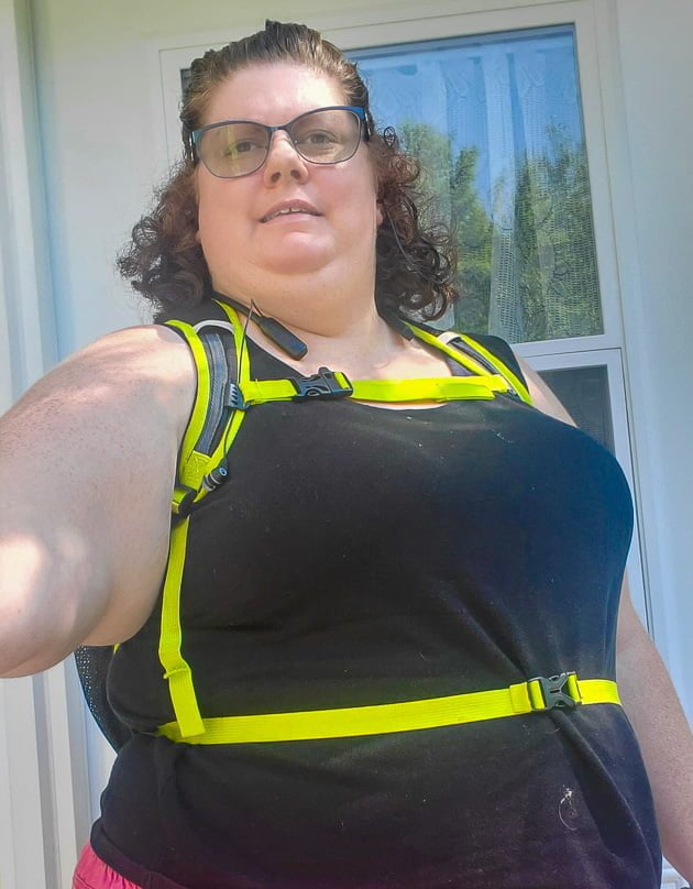 front view of my daypack for travel, showing straps down up on me.