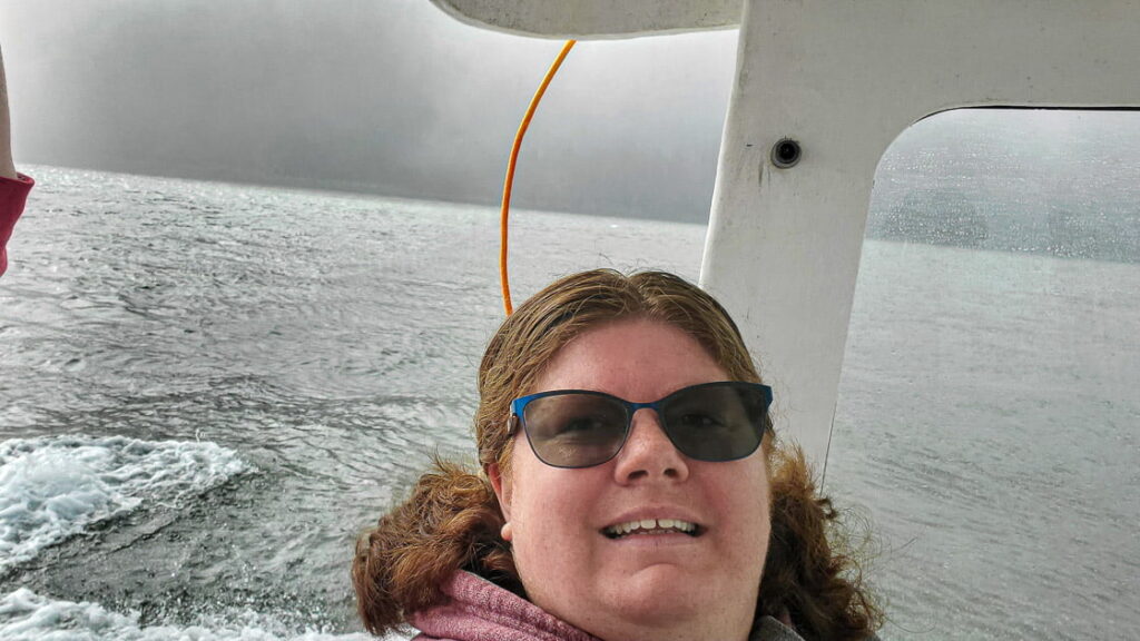 Me with a fog in the background on the boat Just Swell