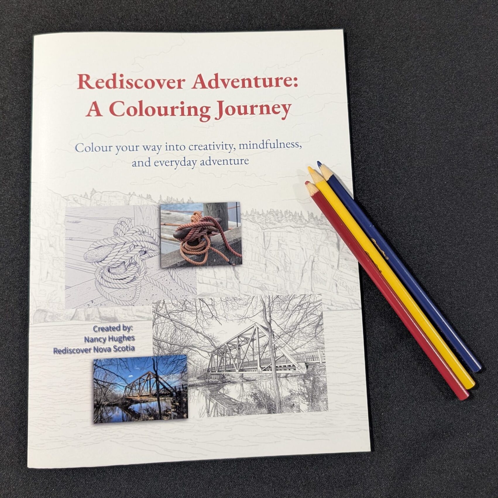 A Nova Scotia–inspired colouring book with scenic illustrations and creative prompts for relaxation and reflection.