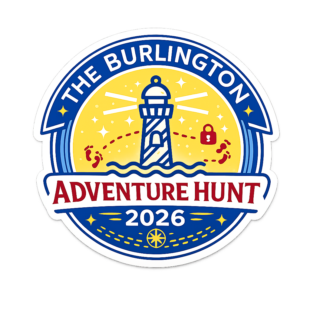 Official badge for The Burlington Adventure Hunt 2026 featuring a lighthouse, adventure trail, footprints, and lock icon.