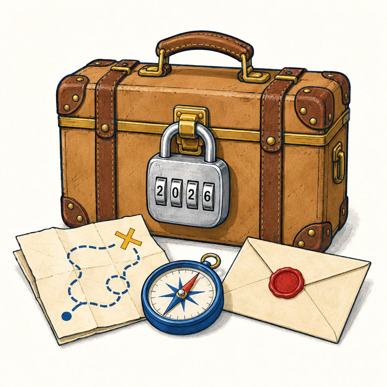 Vintage travel case with a four-digit padlock, scavenger hunt map, compass, and sealed finisher envelope for the Burlington Adventure Hunt.