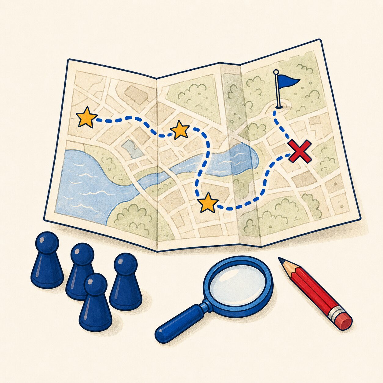 cavenger hunt map with clue markers, four team tokens, a magnifying glass, and a red pencil.