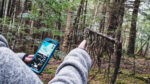 Person using a trail map and pointing through a wooded forest