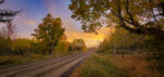 Country road surrounded by colourful autumn trees at sunset